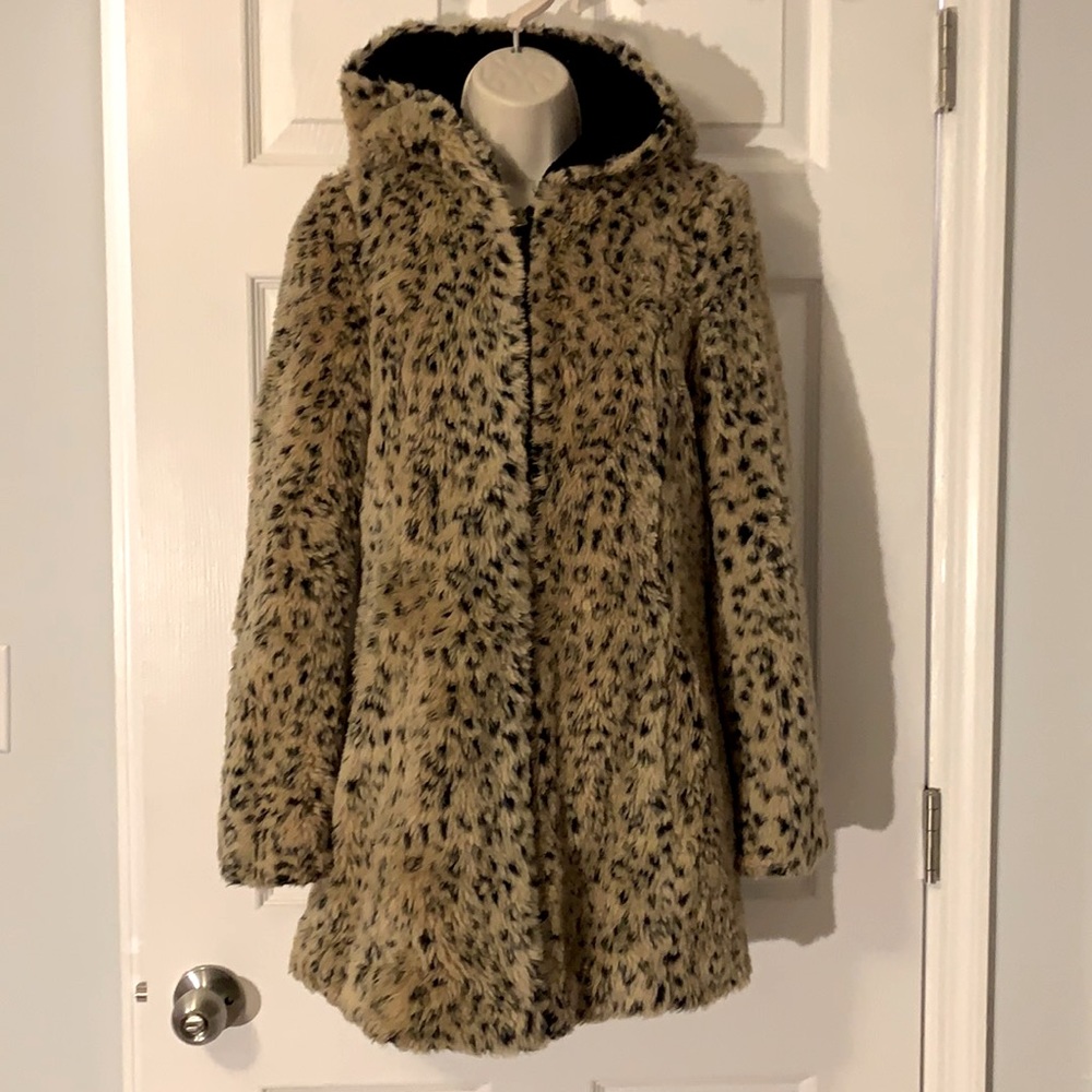 Zara trf leopard animal  fur hooded jacket size xs